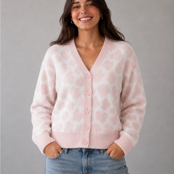 Hot Topic Sweaters - HOT TOPIC Pink Cow-Print V-Neck Button Cardigan Sweater Size Medium